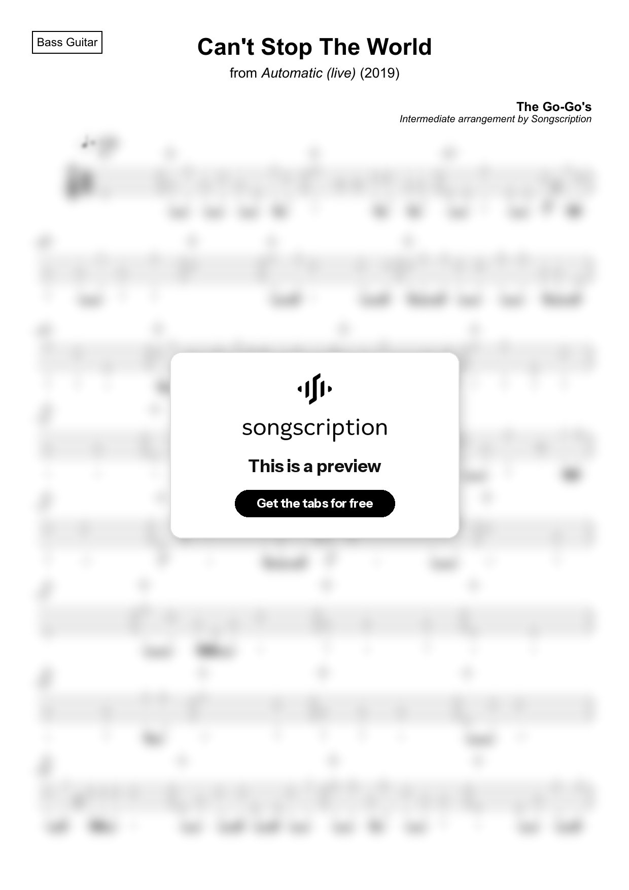 Intermediate Bass Guitar Tabs for "Can't Stop The World" by The Go-Go's