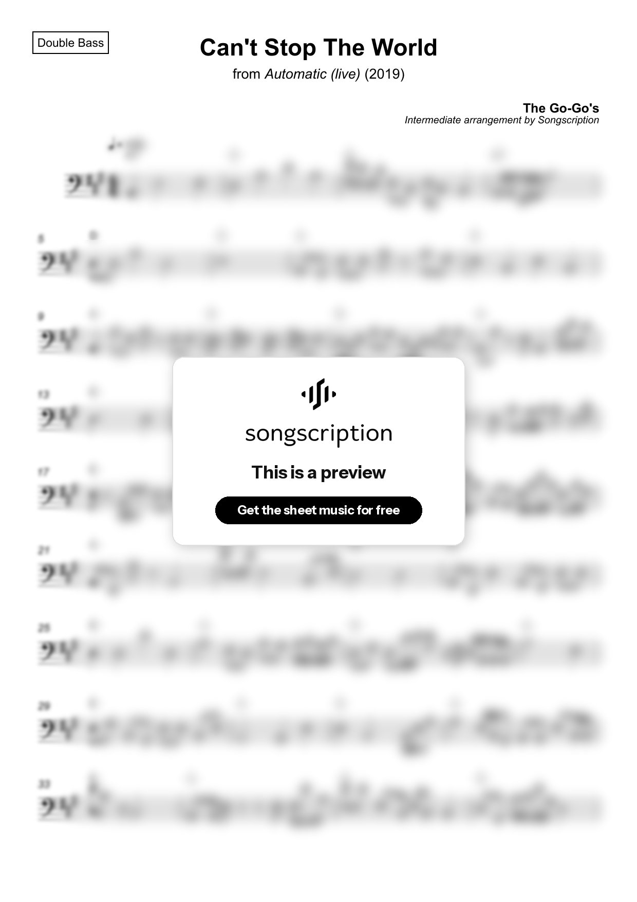 Intermediate Double Bass Sheet Music for "Can't Stop The World" by The Go-Go's