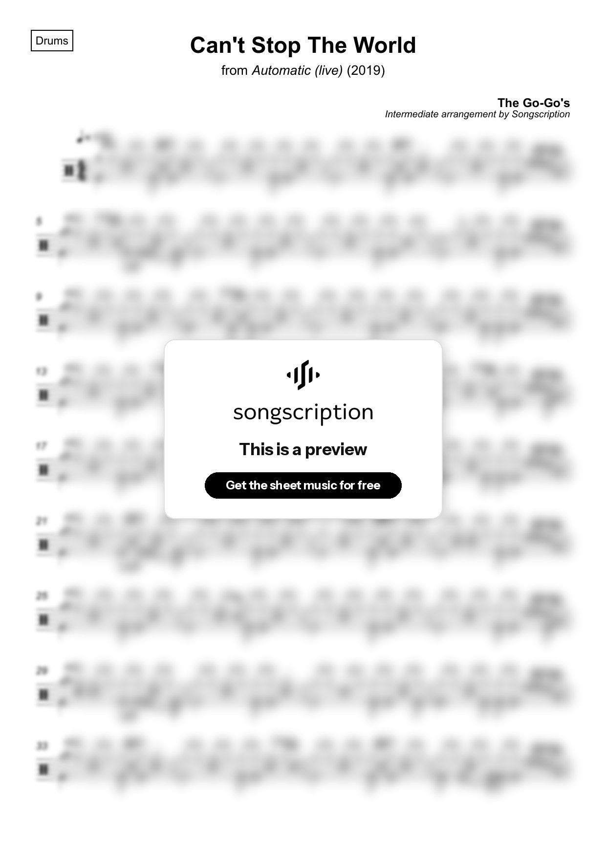 Intermediate Drums Sheet Music for "Can't Stop The World" by The Go-Go's