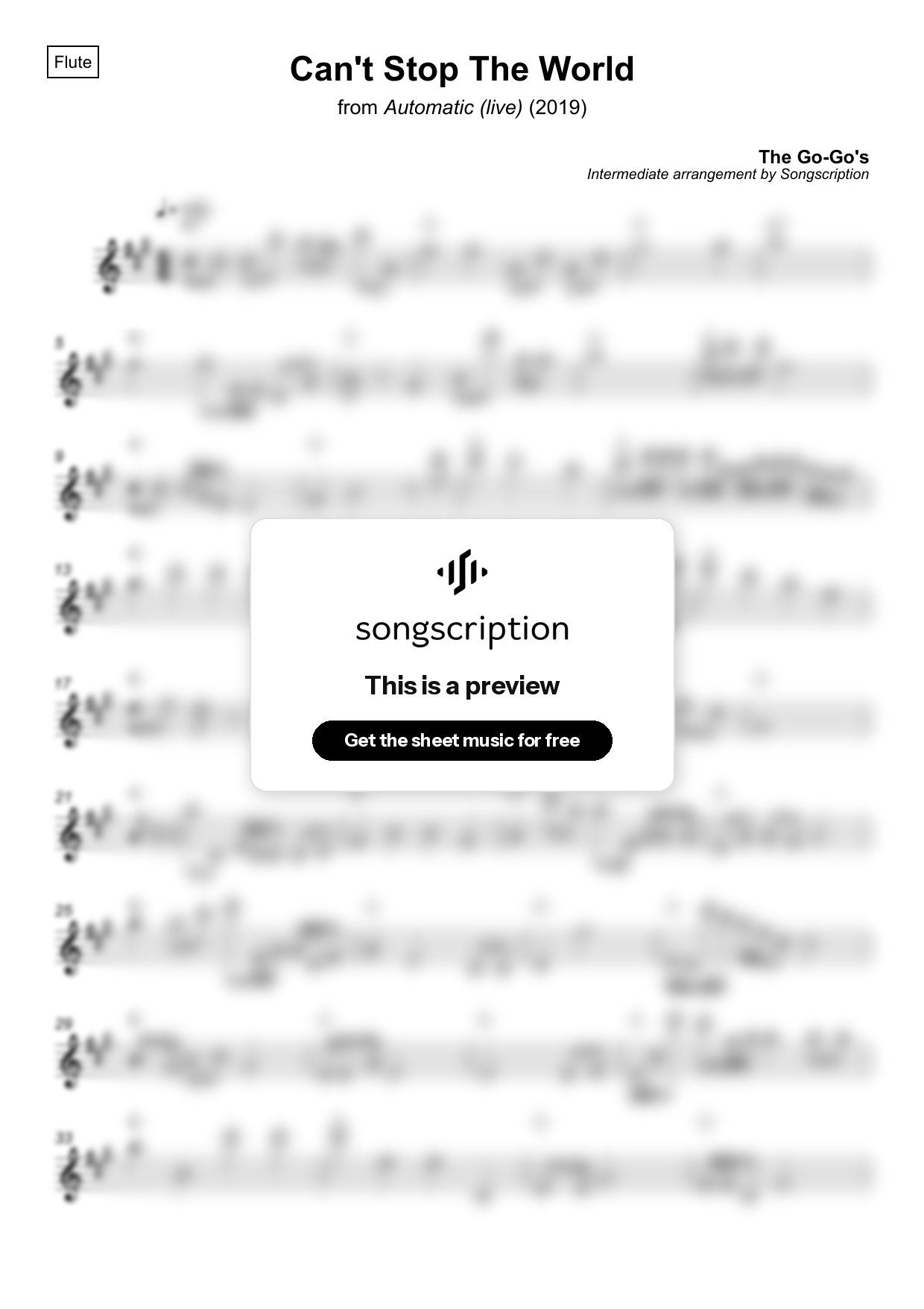 Intermediate Flute Sheet Music for "Can't Stop The World" by The Go-Go's