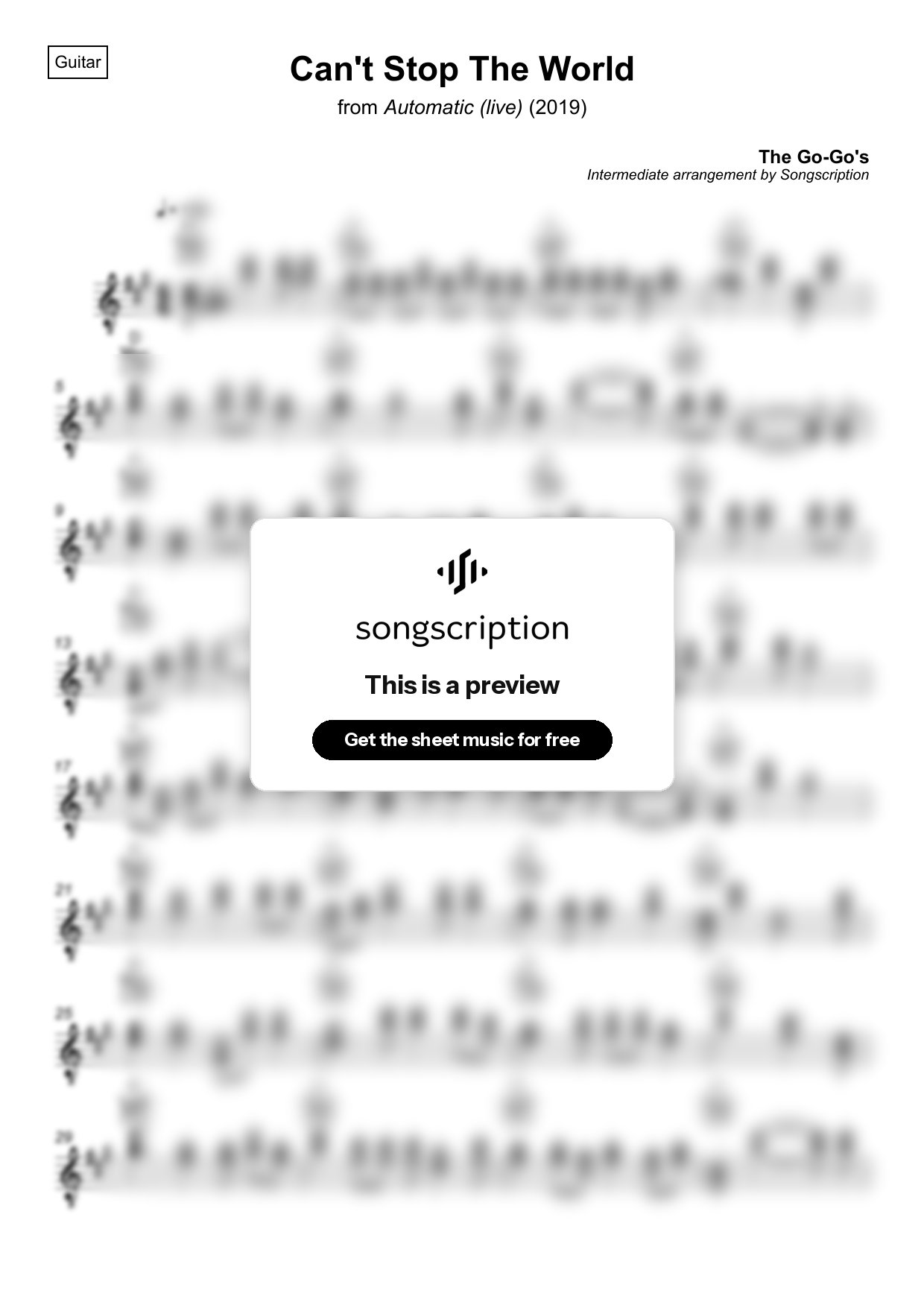 Intermediate Acoustic Guitar Sheet Music for "Can't Stop The World" by The Go-Go's