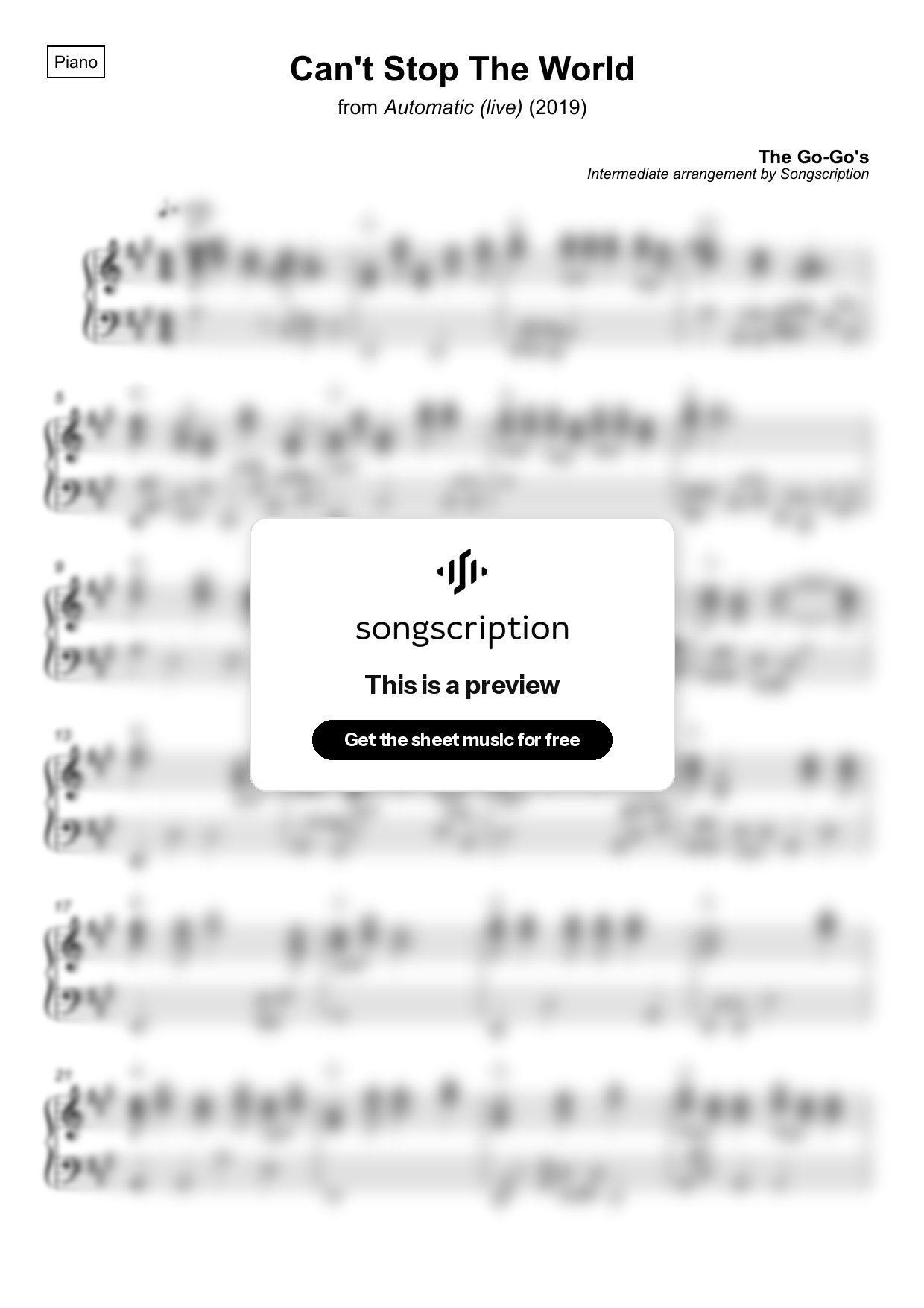 Intermediate Piano Sheet Music for "Can't Stop The World" by The Go-Go's