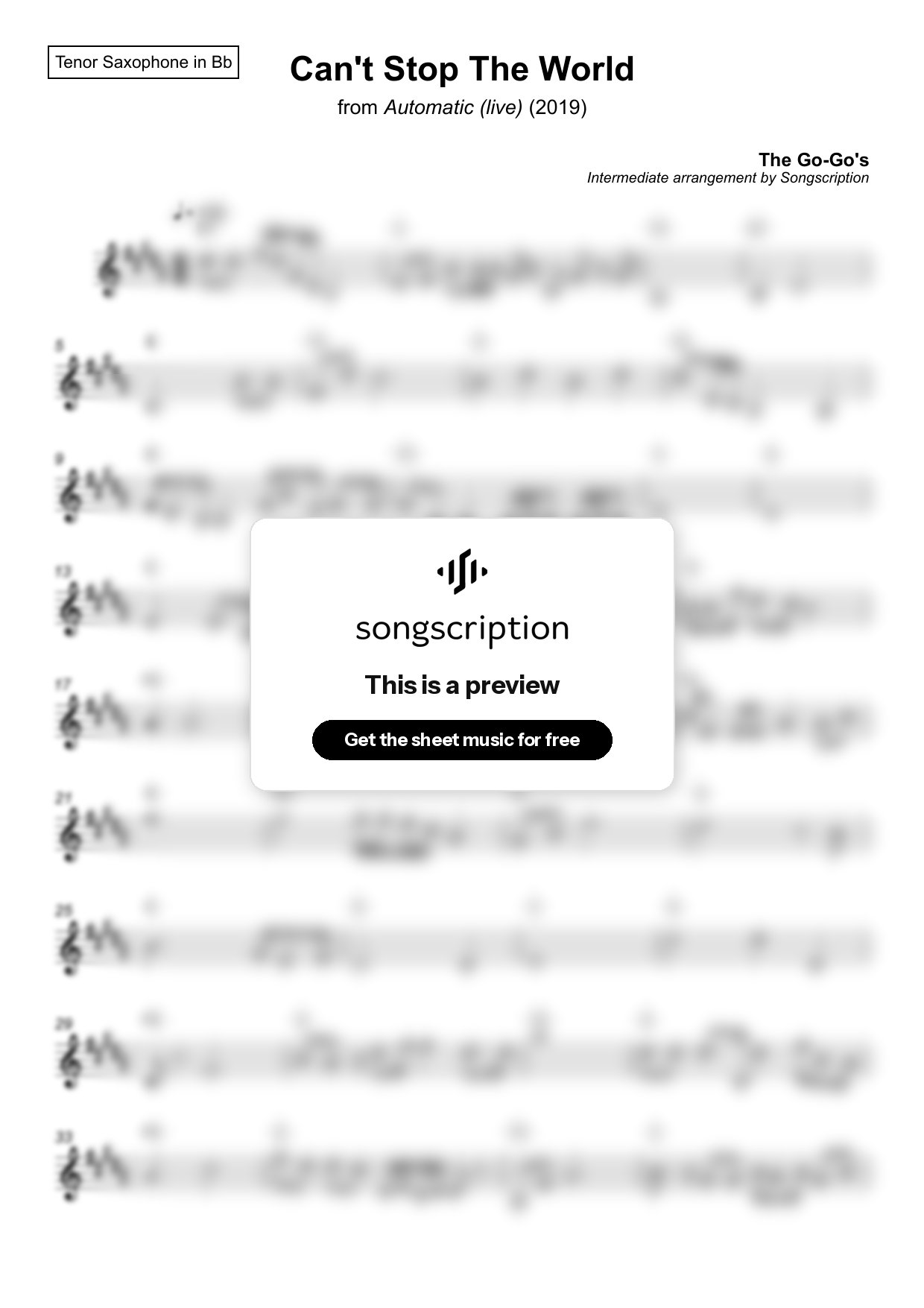 Intermediate Tenor Sax Sheet Music for "Can't Stop The World" by The Go-Go's