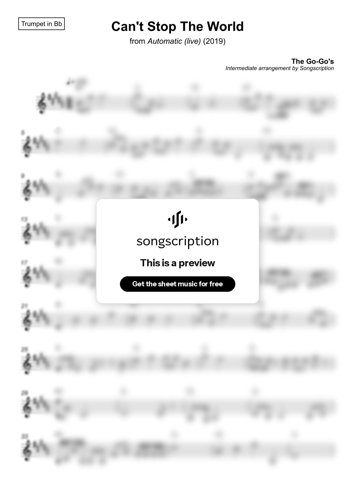 Intermediate Trumpet Sheet Music for "Can't Stop The World" by The Go-Go's