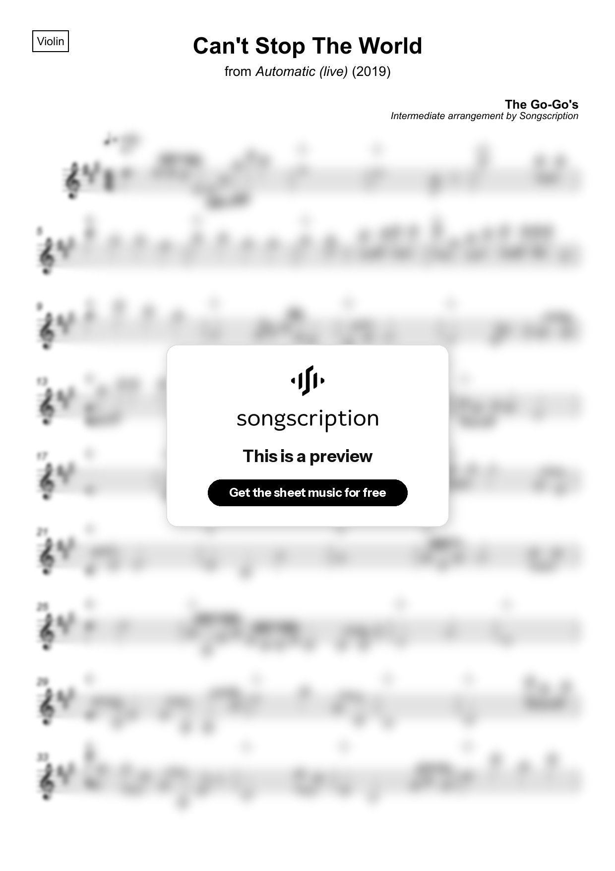 Intermediate Violin Sheet Music for "Can't Stop The World" by The Go-Go's