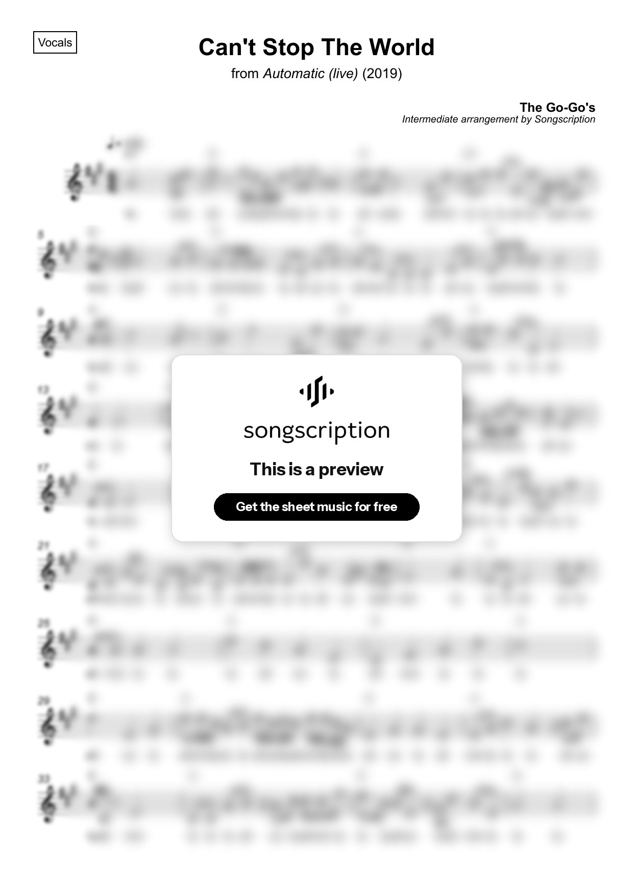 Intermediate Vocals Sheet Music for "Can't Stop The World" by The Go-Go's