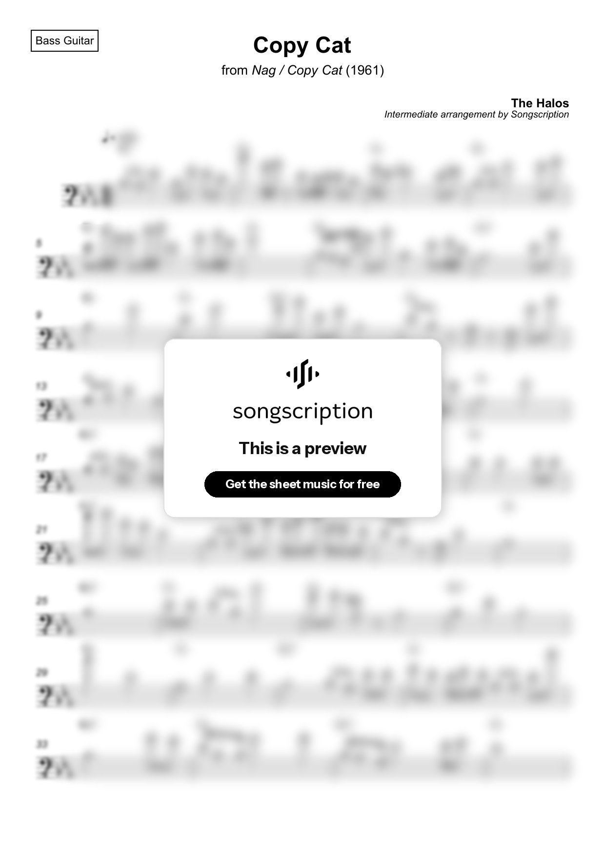 Intermediate Bass Guitar Sheet Music for "Copy Cat" by The Halos