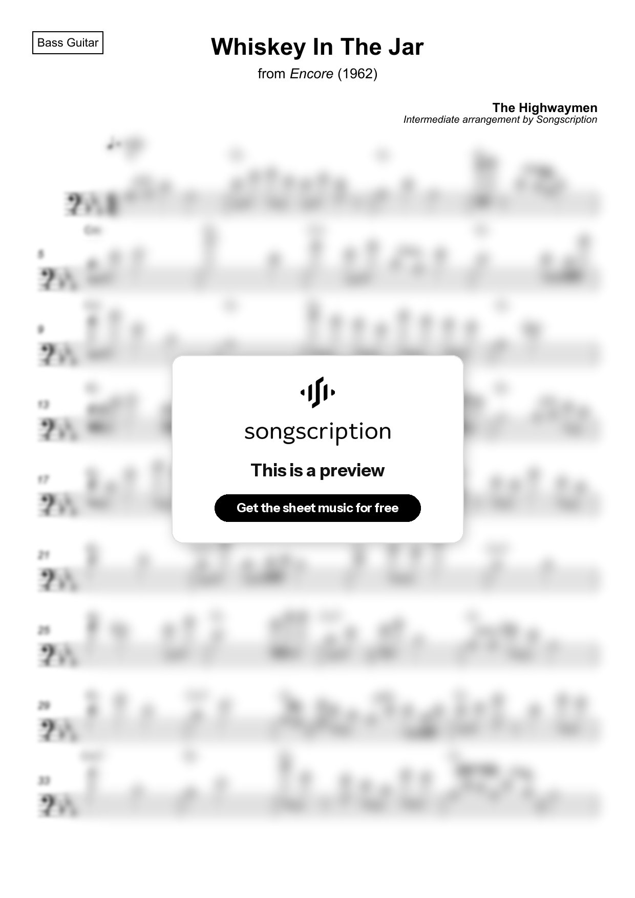 Intermediate Bass Guitar Sheet Music for "Whiskey In The Jar" by The Highwaymen