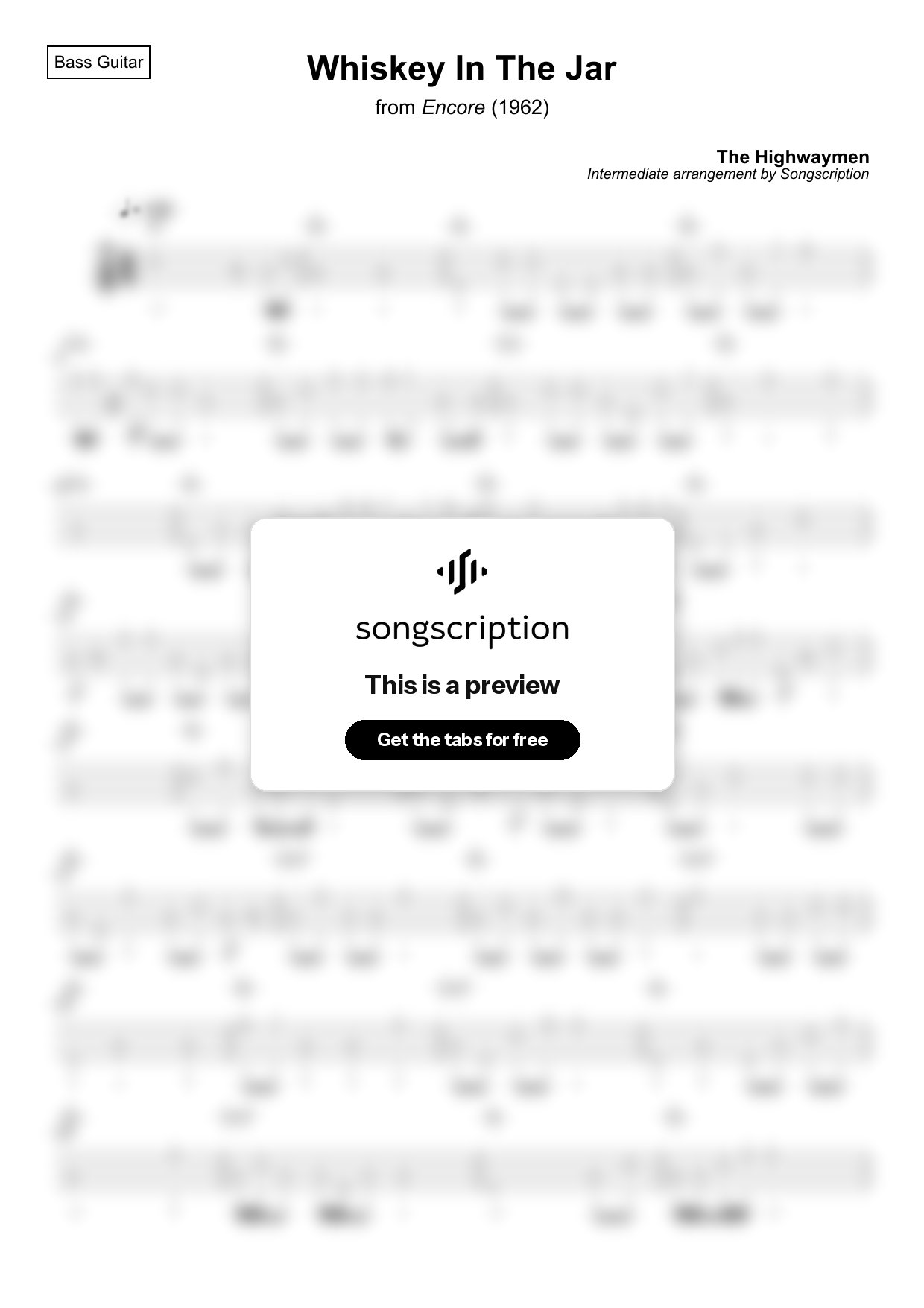 Intermediate Bass Guitar Tabs for "Whiskey In The Jar" by The Highwaymen