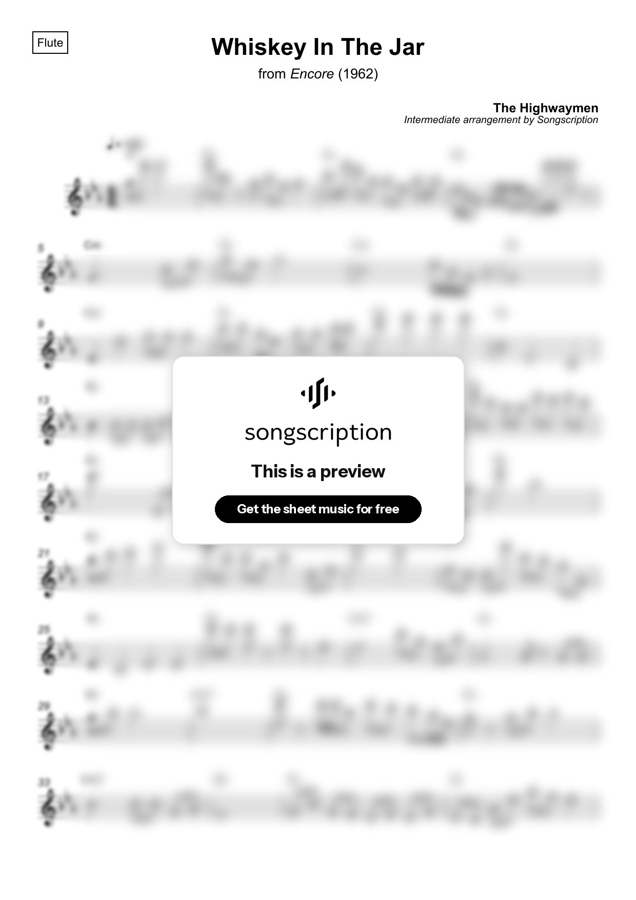 Intermediate Flute Sheet Music for "Whiskey In The Jar" by The Highwaymen