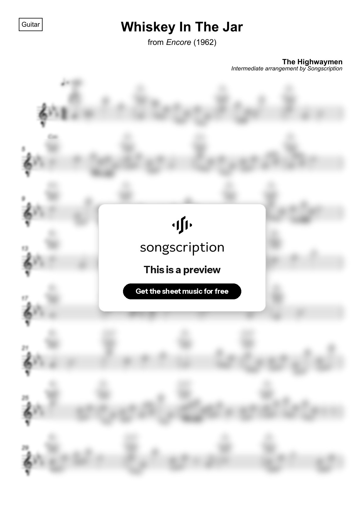 Intermediate Acoustic Guitar Sheet Music for "Whiskey In The Jar" by The Highwaymen