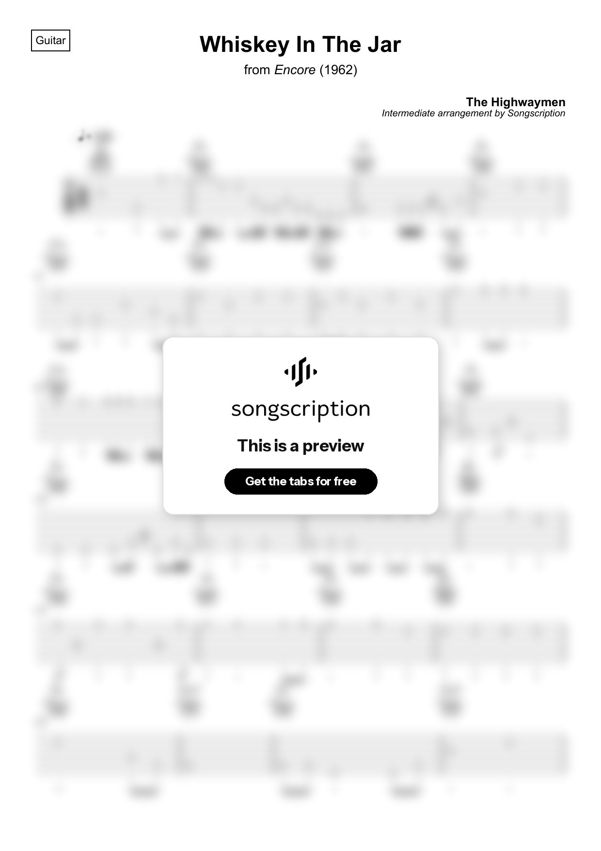 Intermediate Acoustic Guitar Tabs for "Whiskey In The Jar" by The Highwaymen