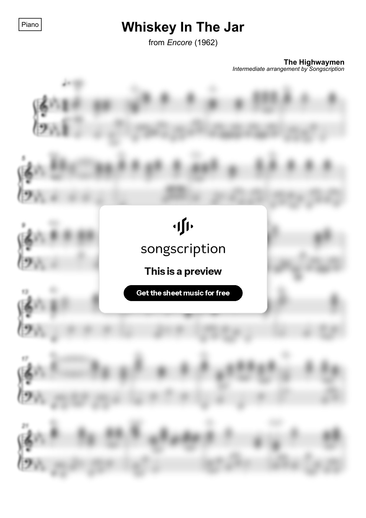 Intermediate Piano Sheet Music for "Whiskey In The Jar" by The Highwaymen