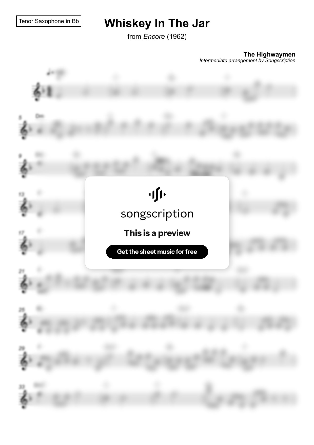 Intermediate Tenor Sax Sheet Music for "Whiskey In The Jar" by The Highwaymen