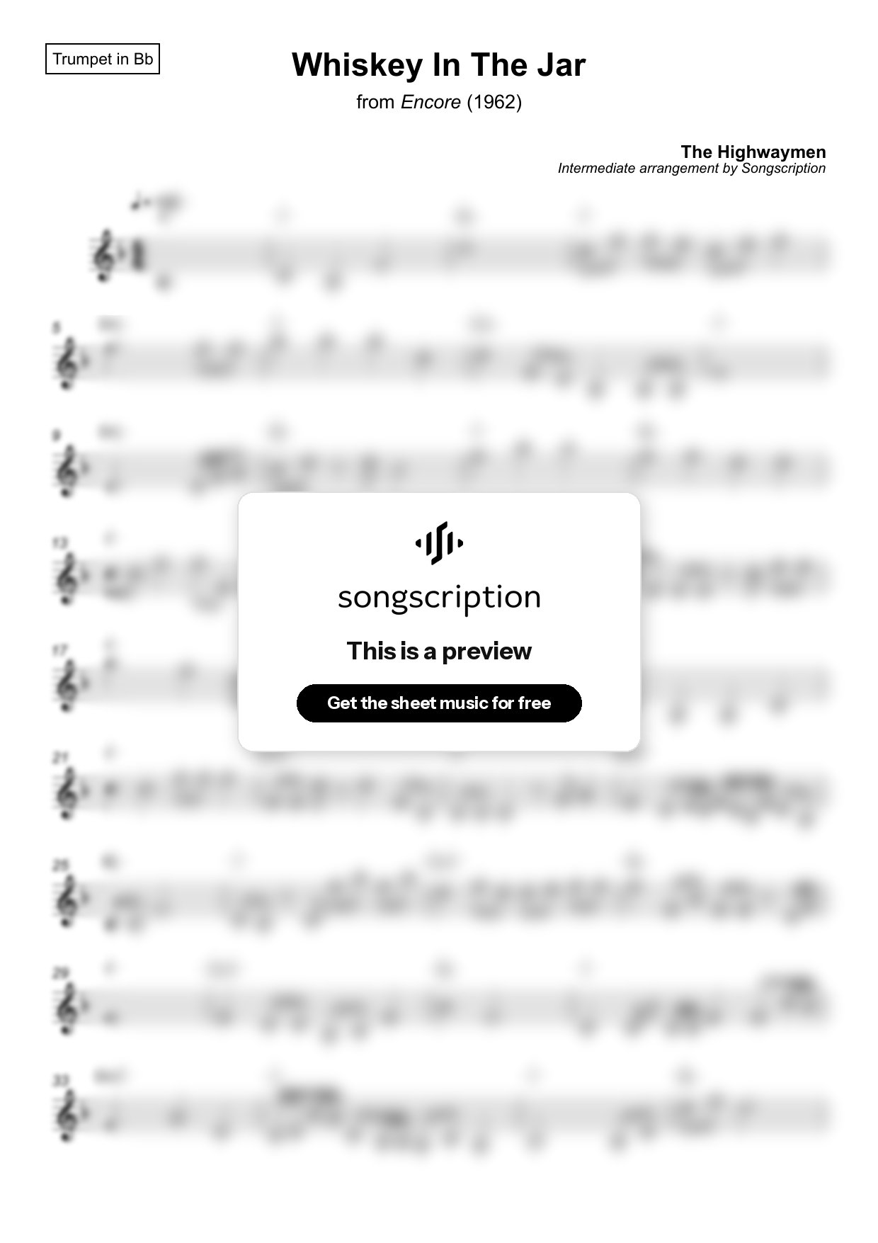 Intermediate Trumpet Sheet Music for "Whiskey In The Jar" by The Highwaymen