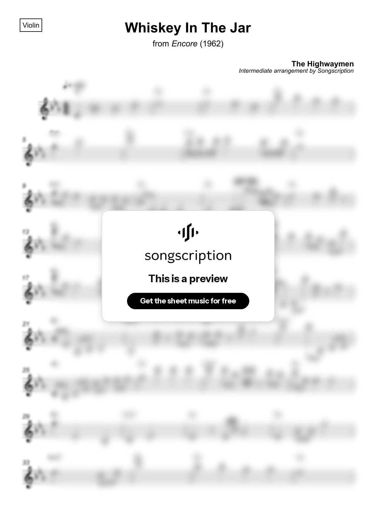 Intermediate Violin Sheet Music for "Whiskey In The Jar" by The Highwaymen