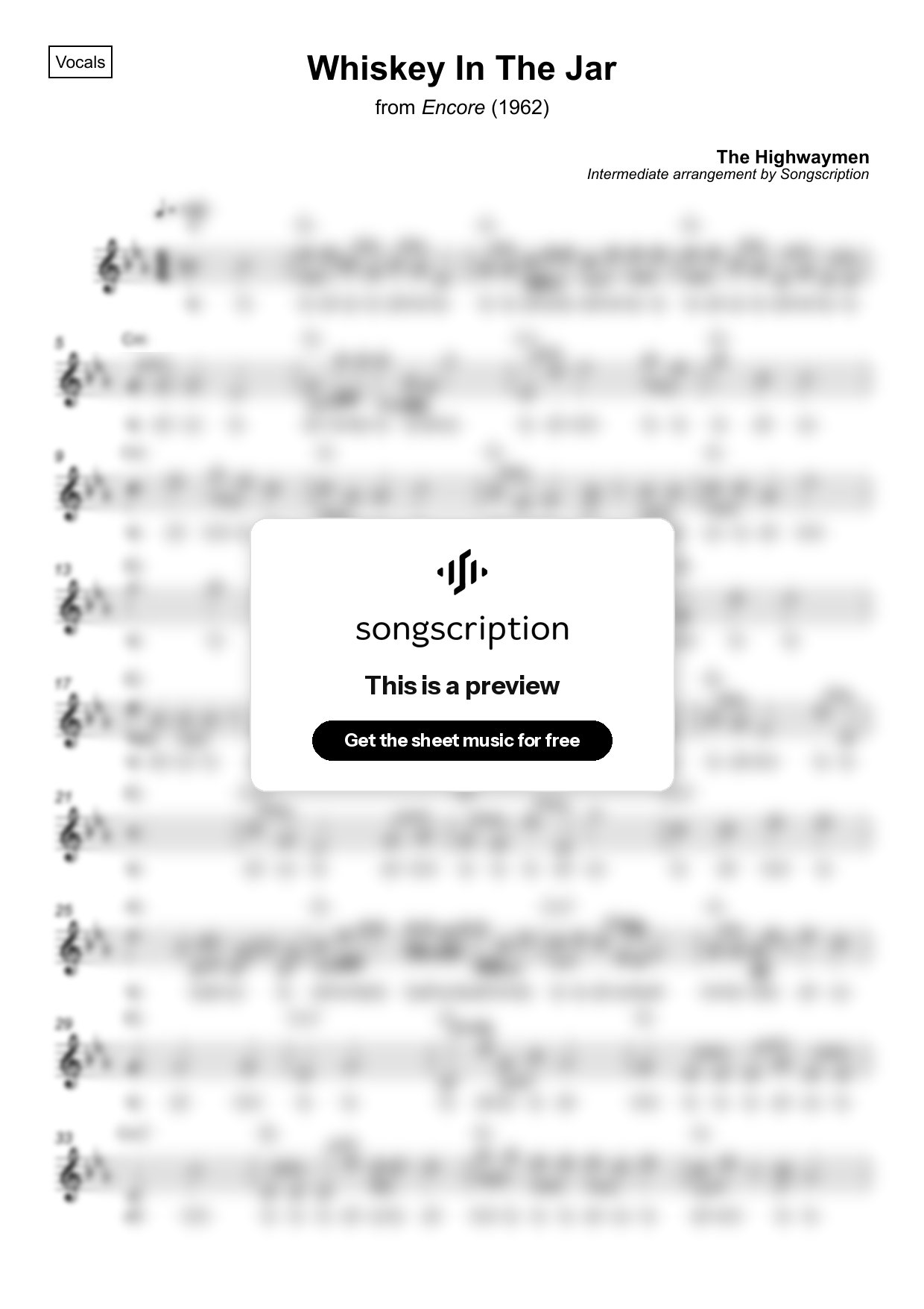 Intermediate Vocals Sheet Music for "Whiskey In The Jar" by The Highwaymen