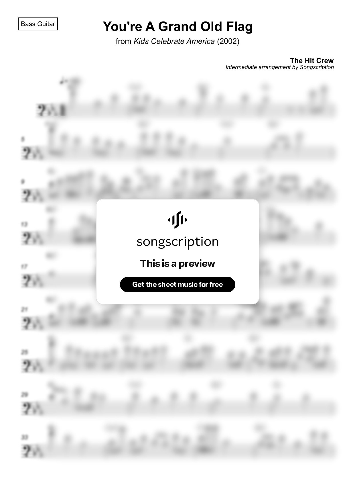Intermediate Bass Guitar Sheet Music for "You're A Grand Old Flag" by The Hit Crew