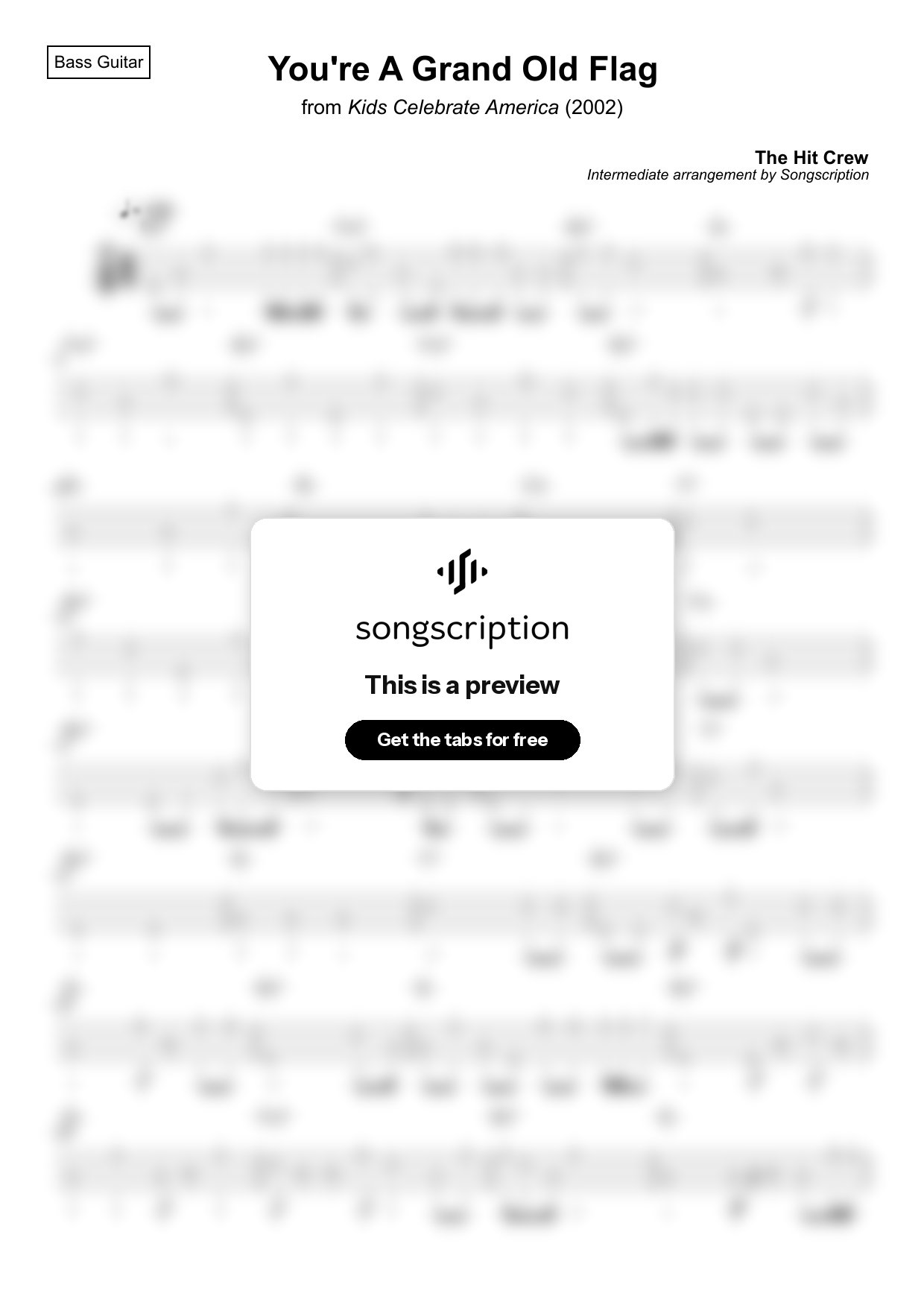 Intermediate Bass Guitar Tabs for "You're A Grand Old Flag" by The Hit Crew