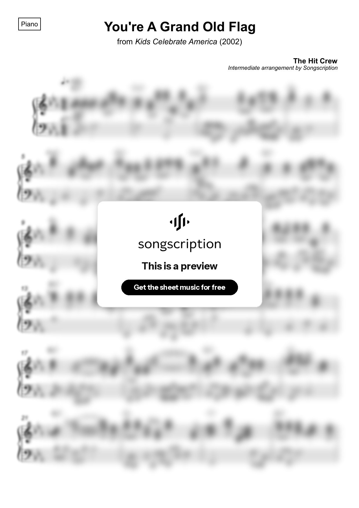 Intermediate Piano Sheet Music for "You're A Grand Old Flag" by The Hit Crew