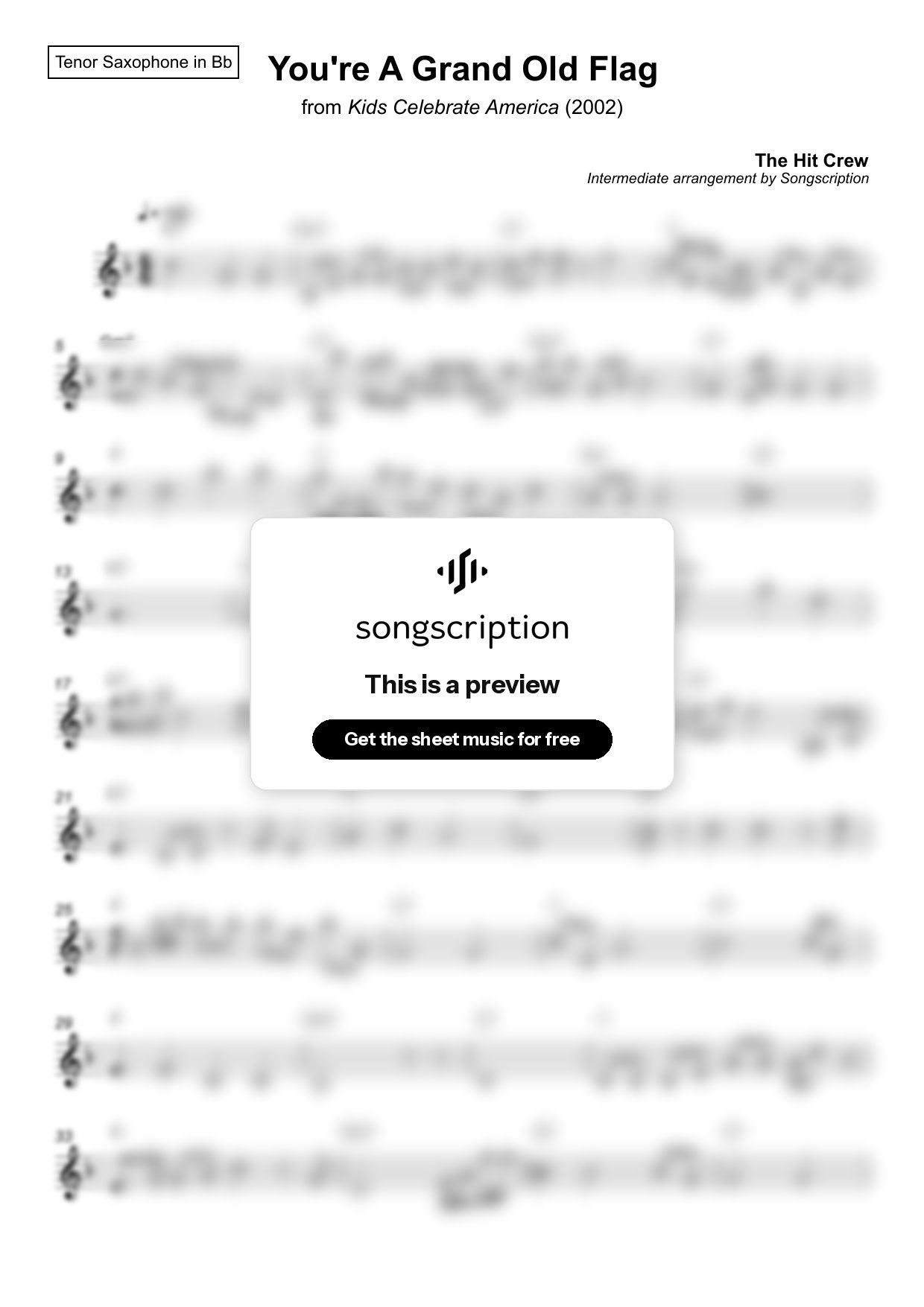 Intermediate Tenor Sax Sheet Music for "You're A Grand Old Flag" by The Hit Crew