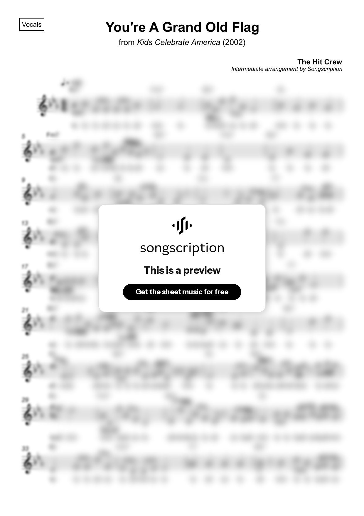 Intermediate Vocals Sheet Music for "You're A Grand Old Flag" by The Hit Crew