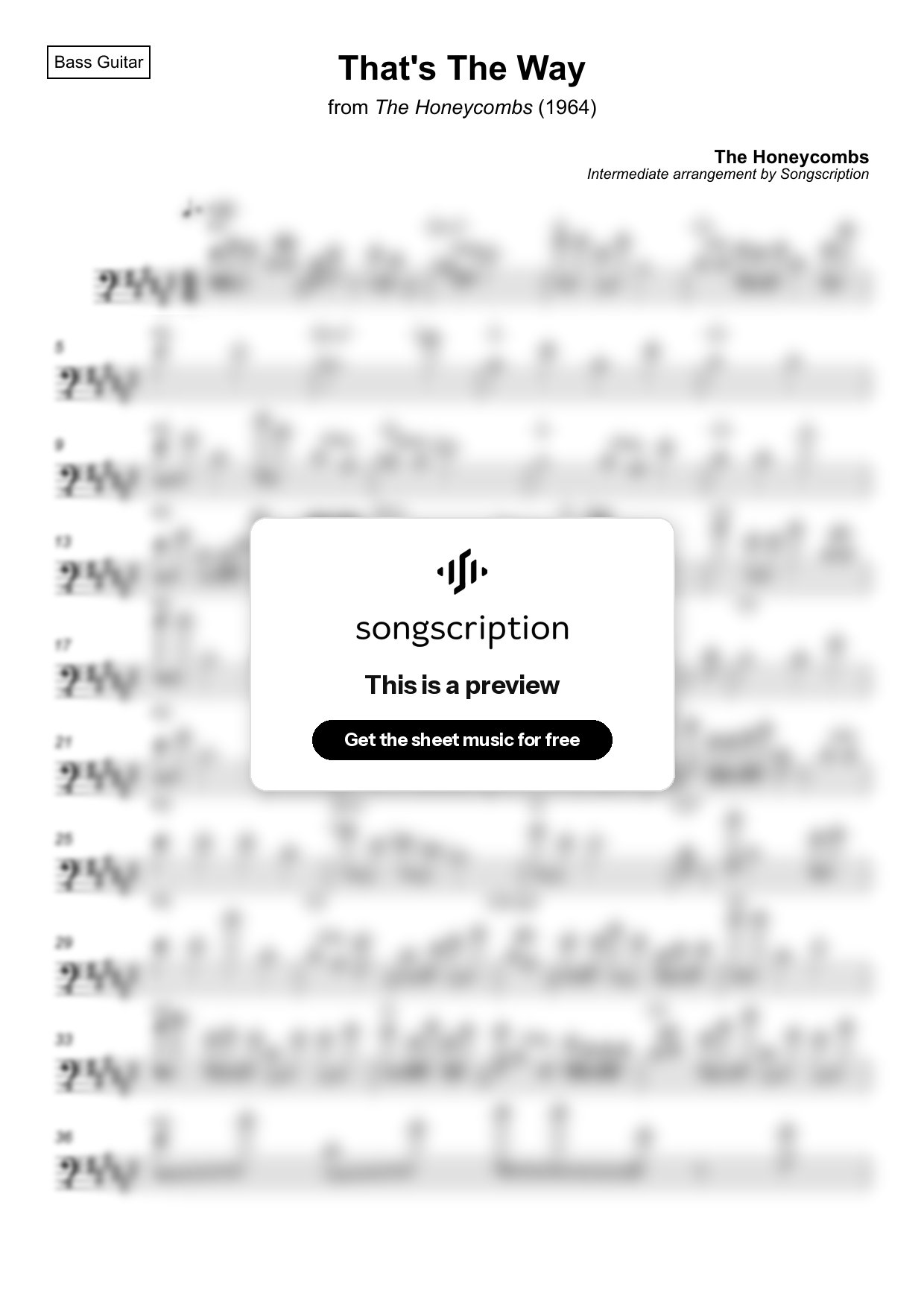 Intermediate Bass Guitar Sheet Music for "That's The Way" by The Honeycombs