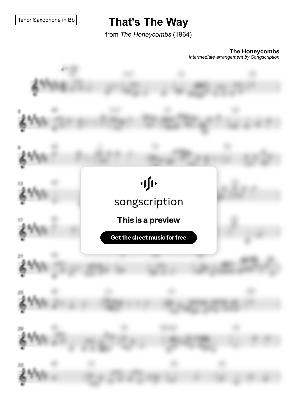Intermediate Tenor Sax Sheet Music for "That's The Way" by The Honeycombs
