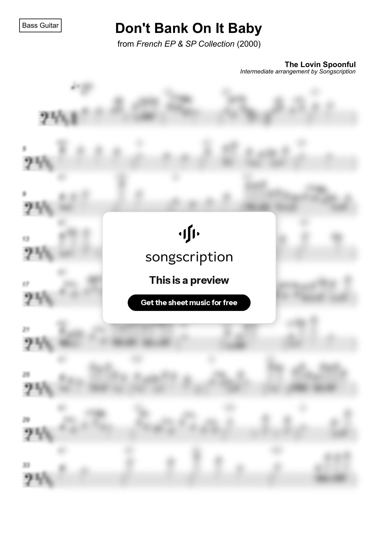 Intermediate Bass Guitar Sheet Music for "Don't Bank On It Baby" by The Lovin Spoonful