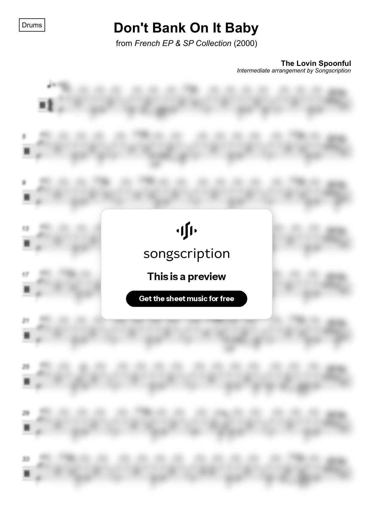Intermediate Drums Sheet Music for "Don't Bank On It Baby" by The Lovin Spoonful