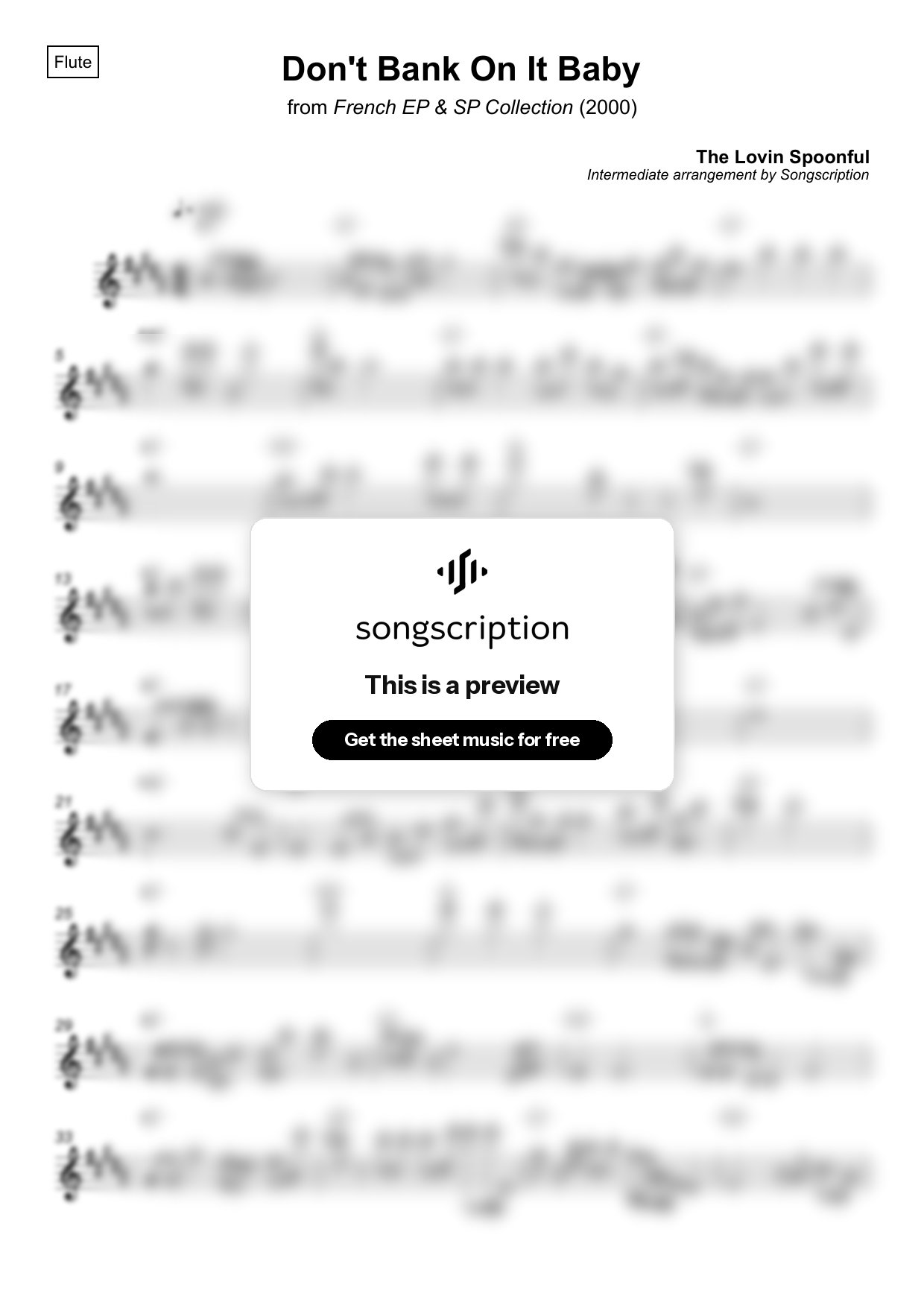 Intermediate Flute Sheet Music for "Don't Bank On It Baby" by The Lovin Spoonful