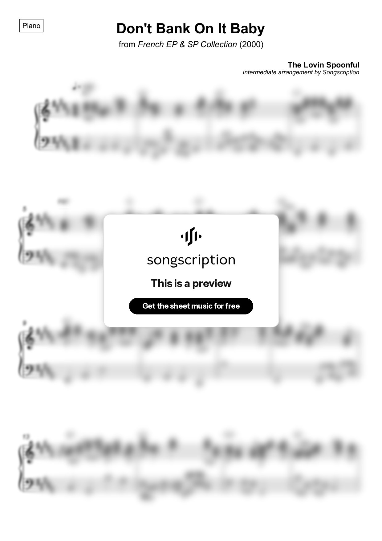 Intermediate Piano Sheet Music for "Don't Bank On It Baby" by The Lovin Spoonful