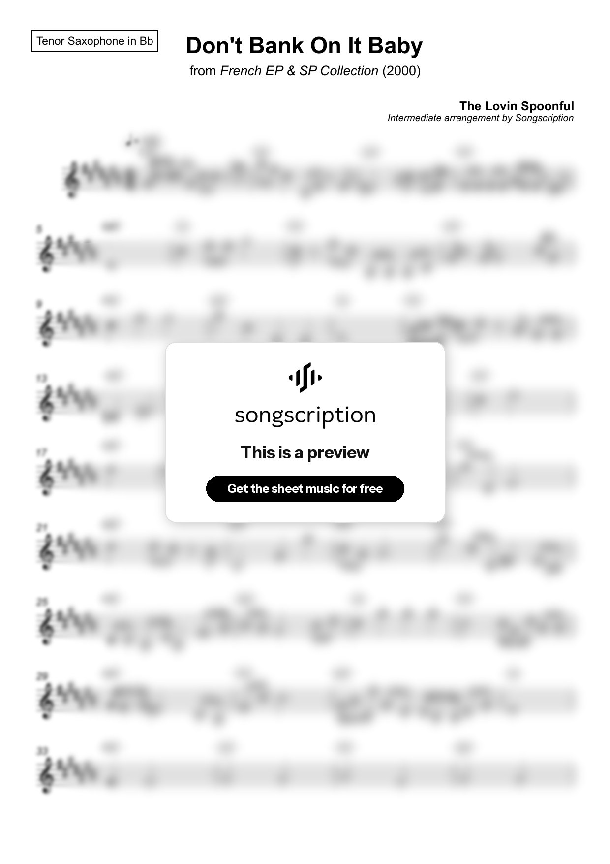 Intermediate Tenor Sax Sheet Music for "Don't Bank On It Baby" by The Lovin Spoonful