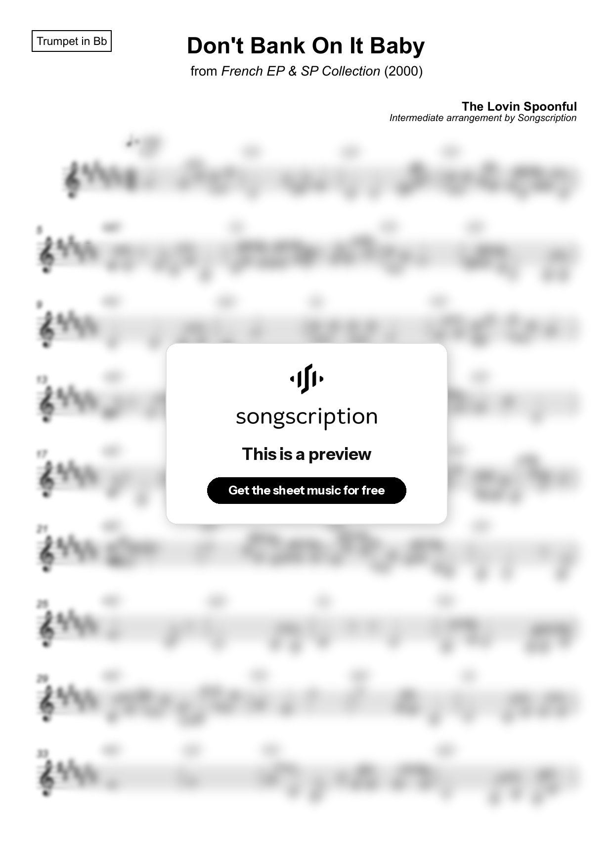 Intermediate Trumpet Sheet Music for "Don't Bank On It Baby" by The Lovin Spoonful