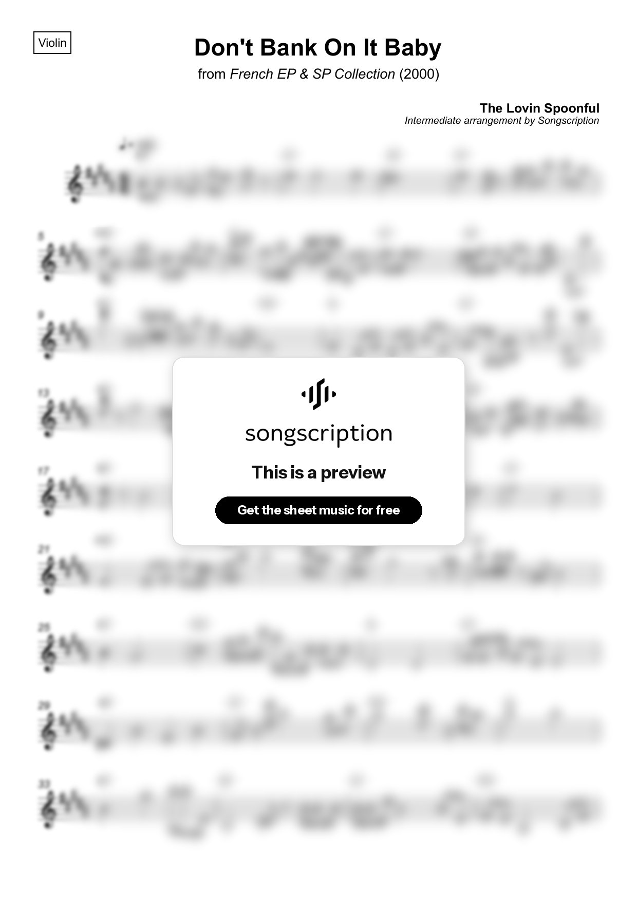Intermediate Violin Sheet Music for "Don't Bank On It Baby" by The Lovin Spoonful