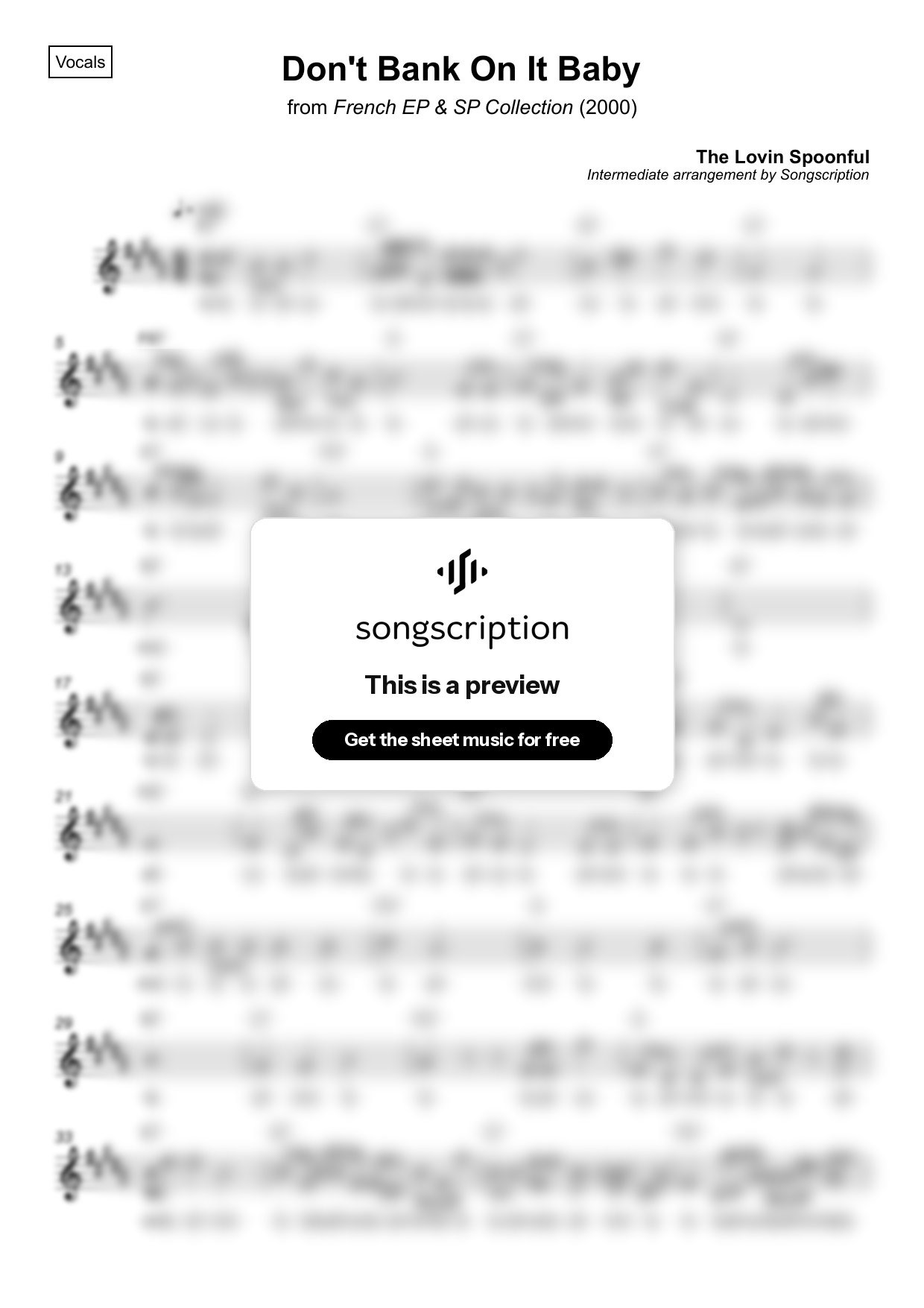 Intermediate Vocals Sheet Music for "Don't Bank On It Baby" by The Lovin Spoonful