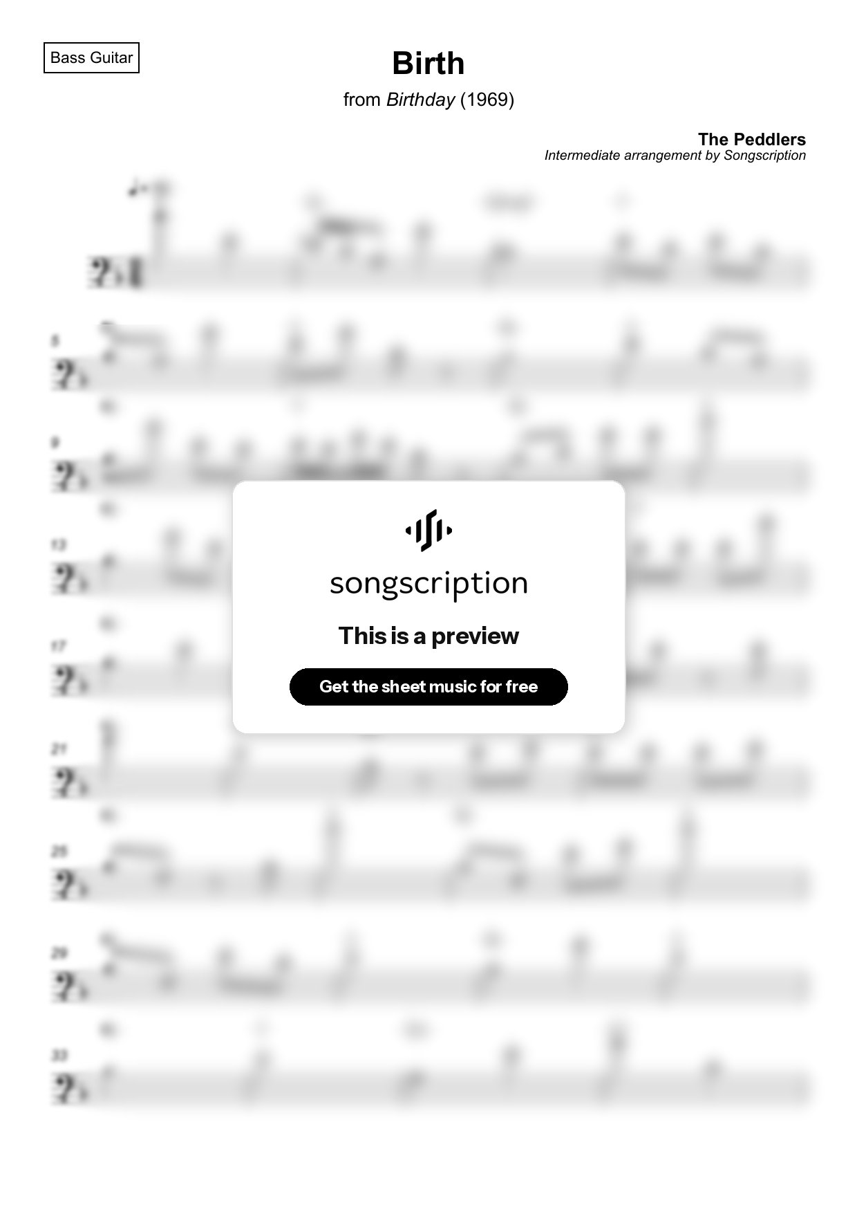Intermediate Bass Guitar Sheet Music for "Birth" by The Peddlers