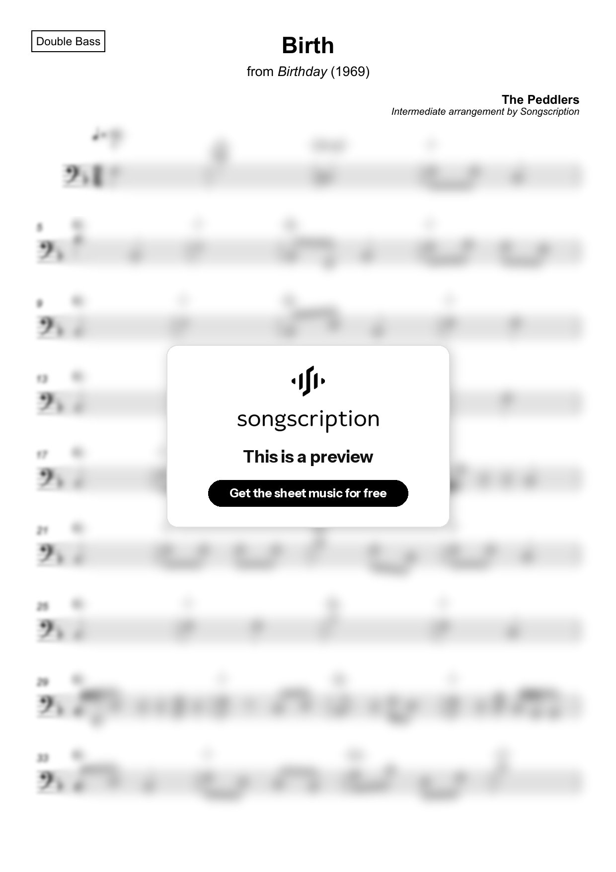Intermediate Double Bass Sheet Music for "Birth" by The Peddlers