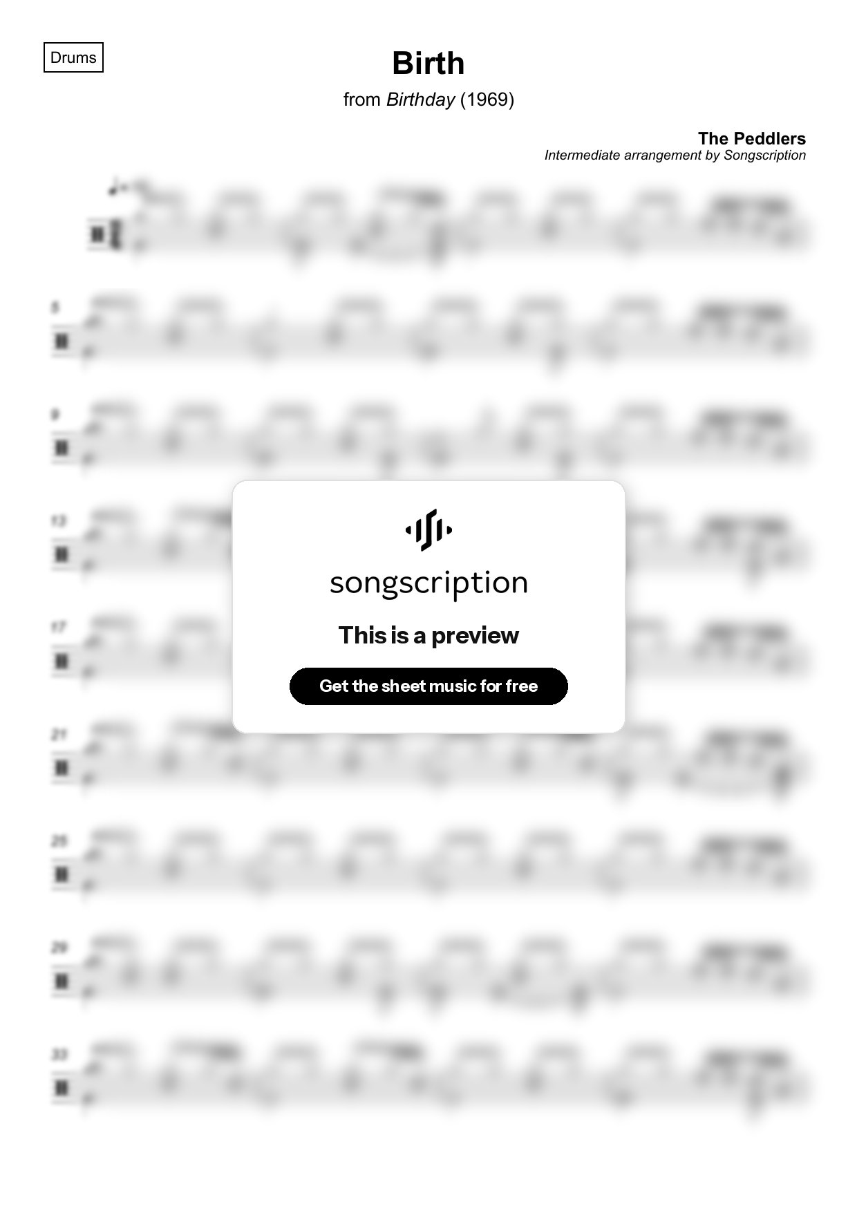 Intermediate Drums Sheet Music for "Birth" by The Peddlers