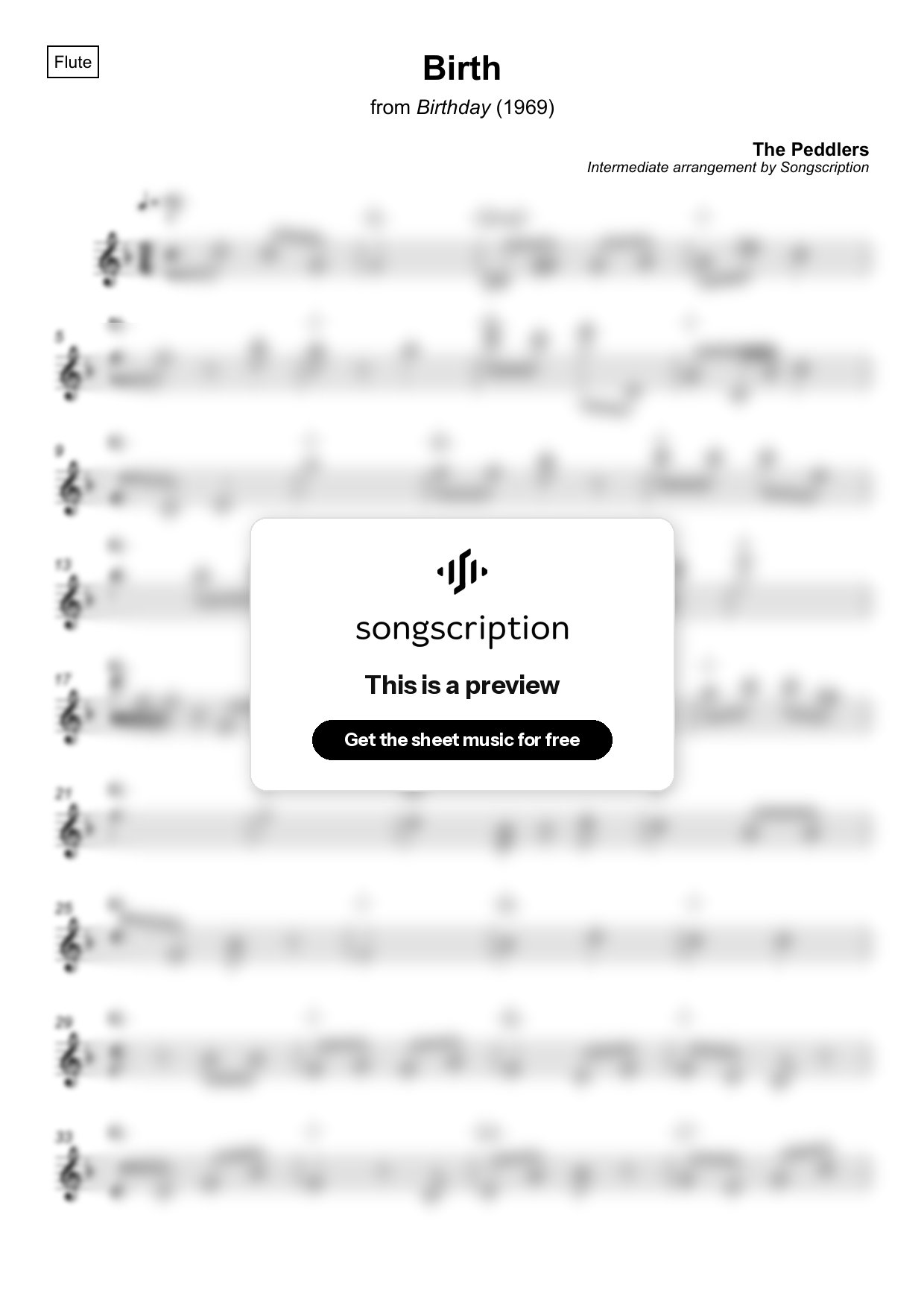 Intermediate Flute Sheet Music for "Birth" by The Peddlers