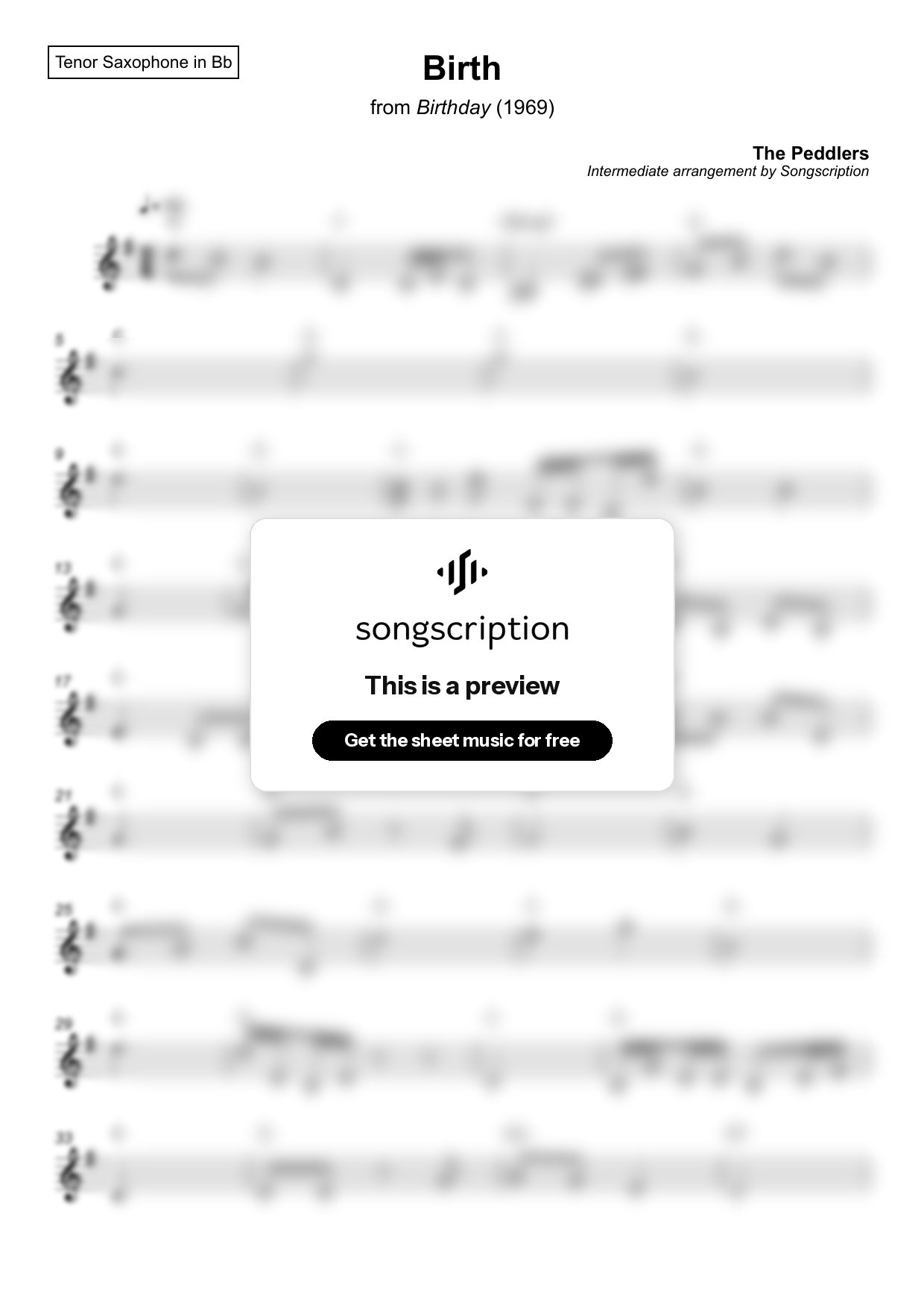 Intermediate Tenor Sax Sheet Music for "Birth" by The Peddlers