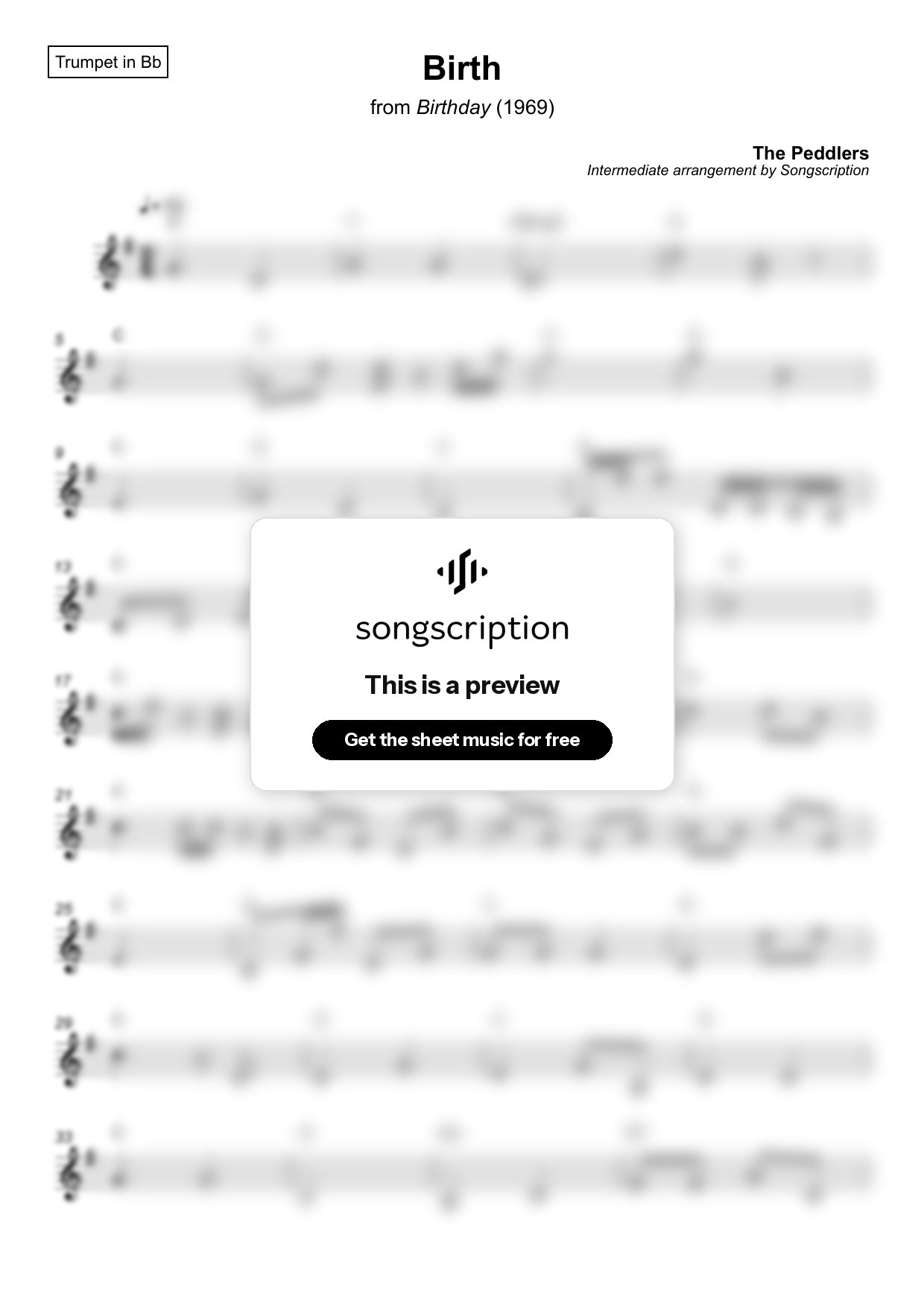 Intermediate Trumpet Sheet Music for "Birth" by The Peddlers