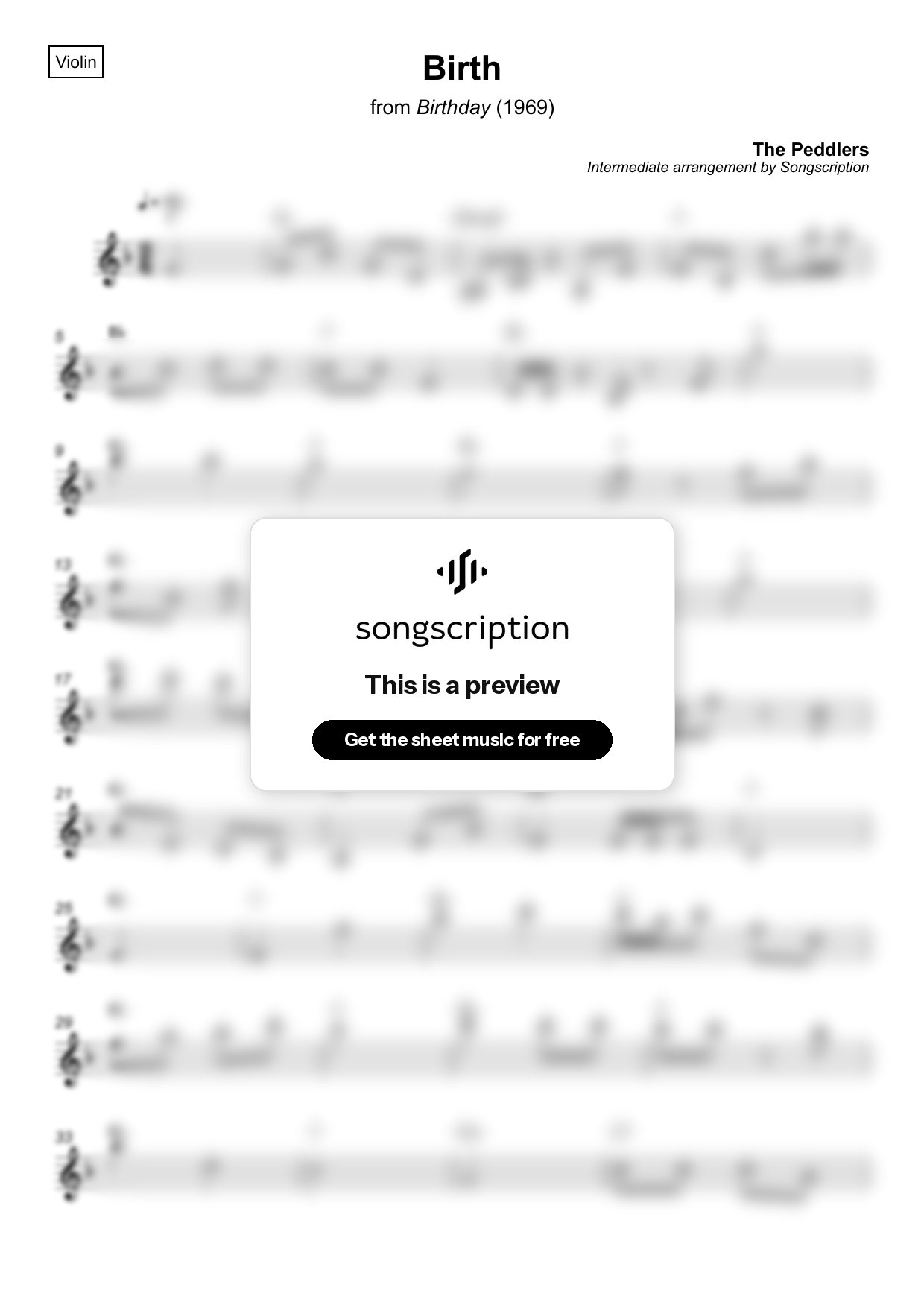 Intermediate Violin Sheet Music for "Birth" by The Peddlers