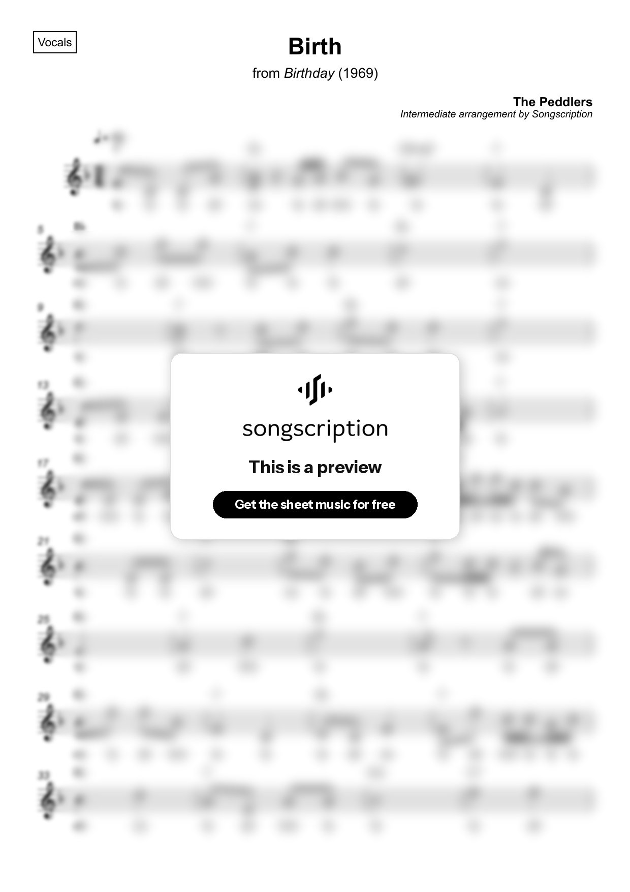 Intermediate Vocals Sheet Music for "Birth" by The Peddlers