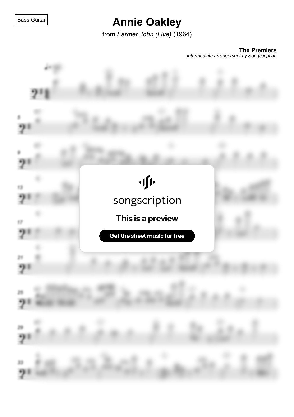 Intermediate Bass Guitar Sheet Music for "Annie Oakley" by The Premiers