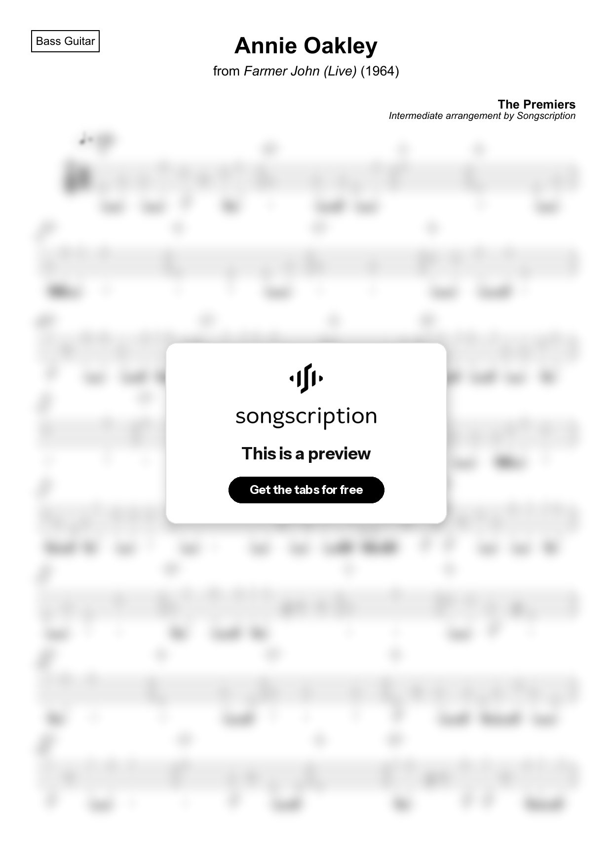 Intermediate Bass Guitar Tabs for "Annie Oakley" by The Premiers
