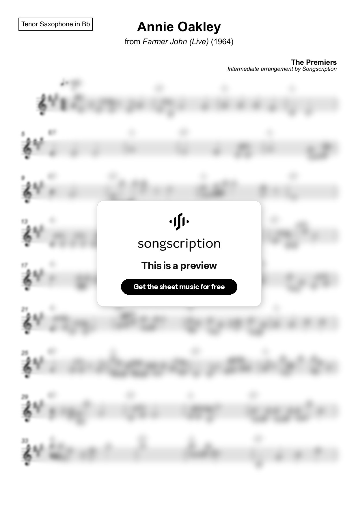 Intermediate Tenor Sax Sheet Music for "Annie Oakley" by The Premiers