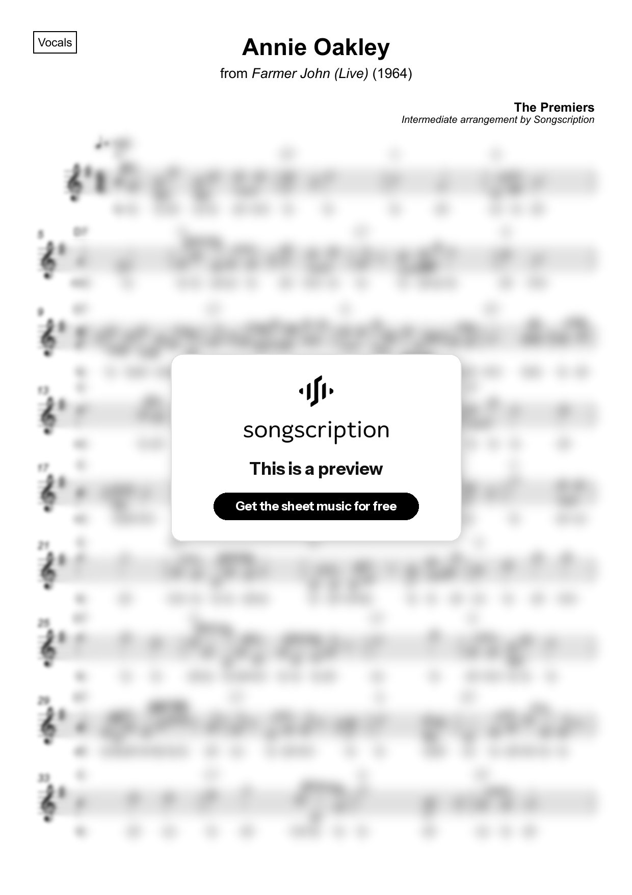 Intermediate Vocals Sheet Music for "Annie Oakley" by The Premiers