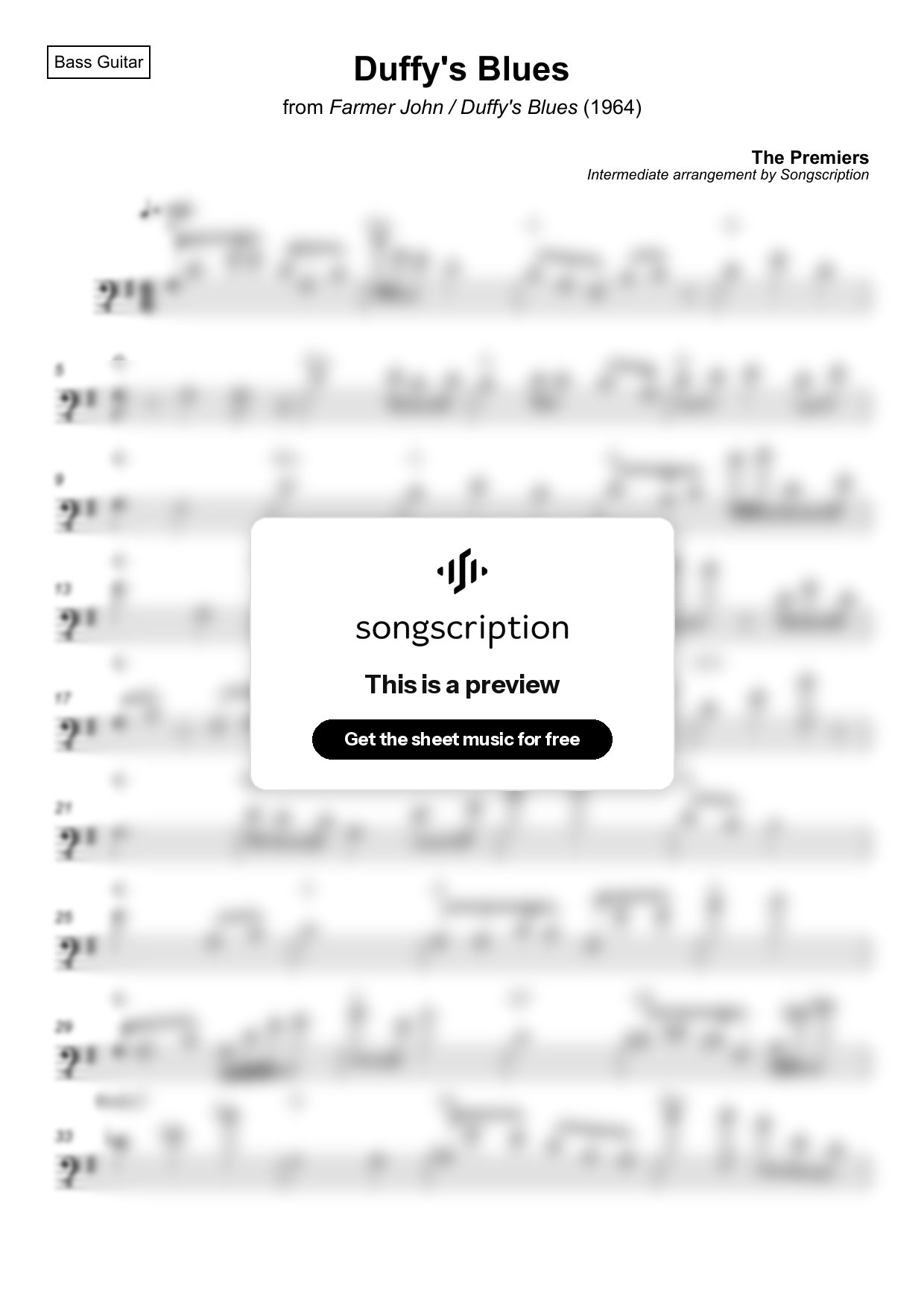 Intermediate Bass Guitar Sheet Music for "Duffy's Blues" by The Premiers