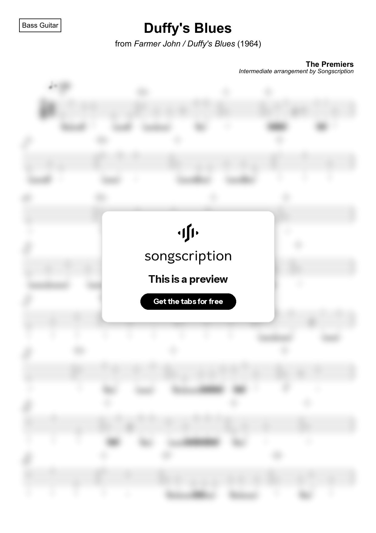 Intermediate Bass Guitar Tabs for "Duffy's Blues" by The Premiers